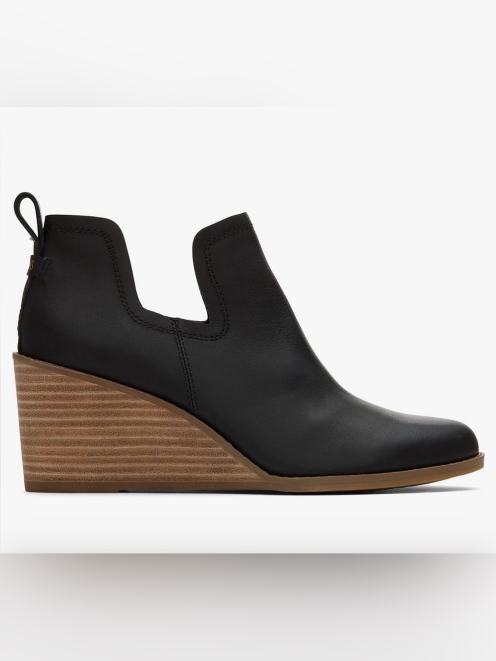 Toms Black Leather Wedge Ankle Bootie with Tan Stacked Heel